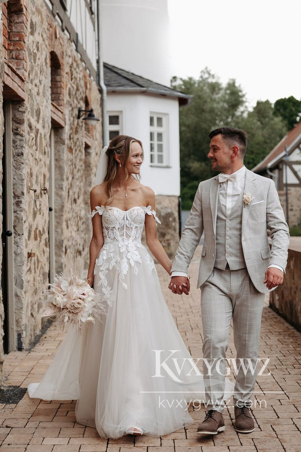 Enchanting A-Line Strapless Floral Print Ruffle Wedding Dress Gown with Slit HS1001