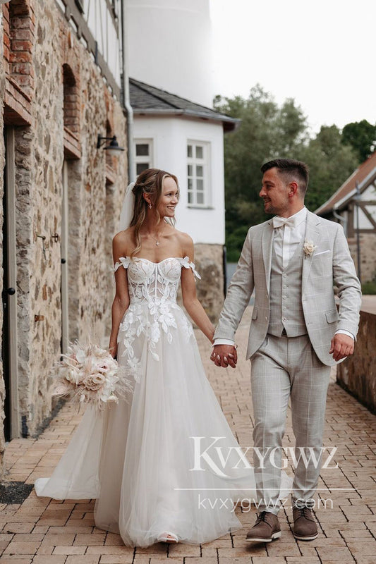 Enchanting A-Line Strapless Floral Print Ruffle Wedding Dress Gown with Slit HS1001