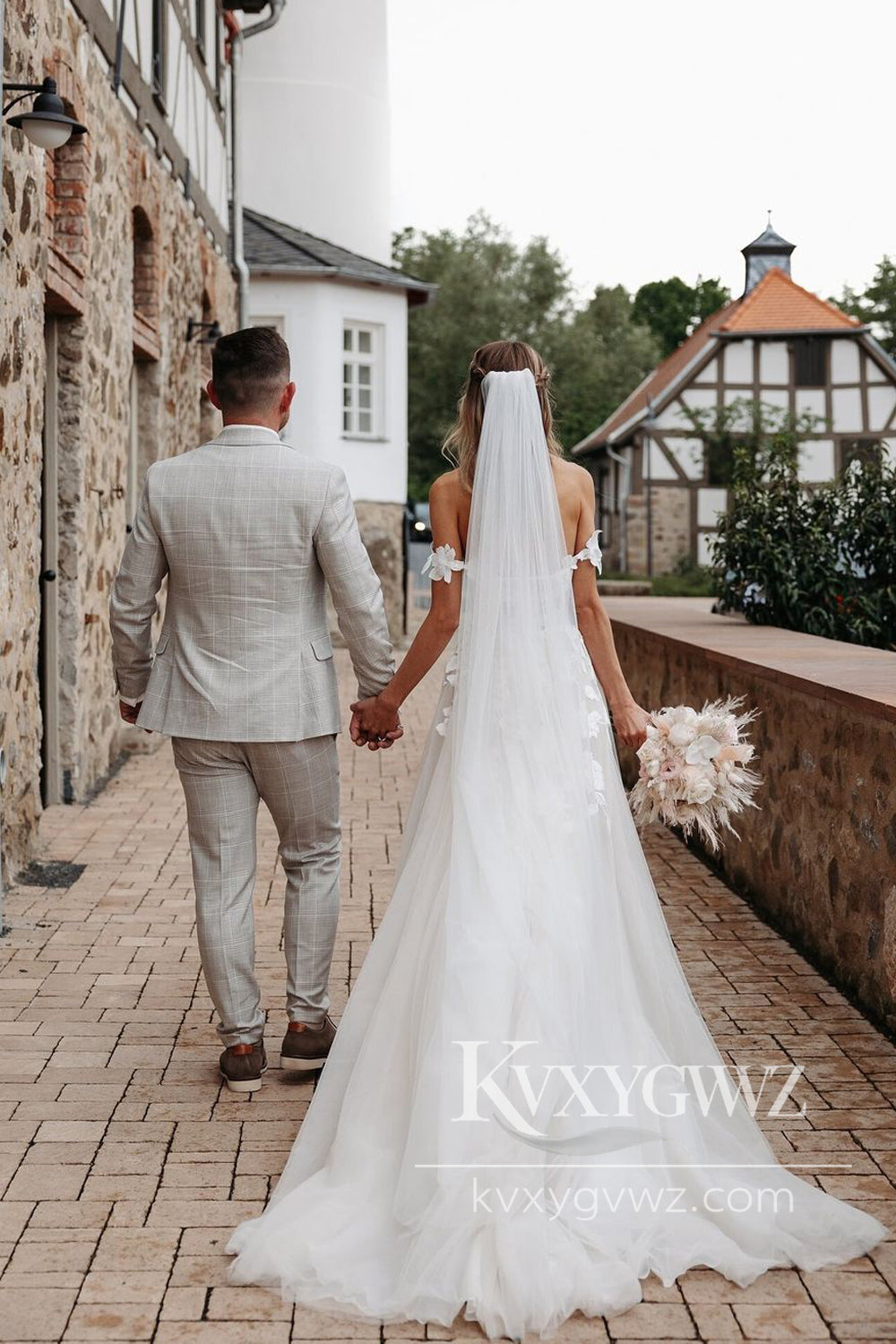 Enchanting A-Line Strapless Floral Print Ruffle Wedding Dress Gown with Slit HS1001