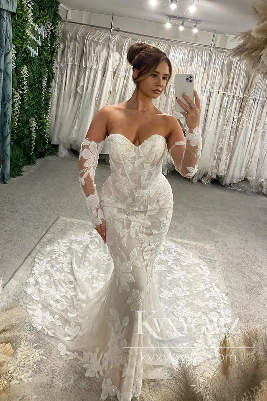 Pastoral Style Mermaid V Neck Lace Tulle Long Wedding Dresses Gown with Long Sleeves HS1002
