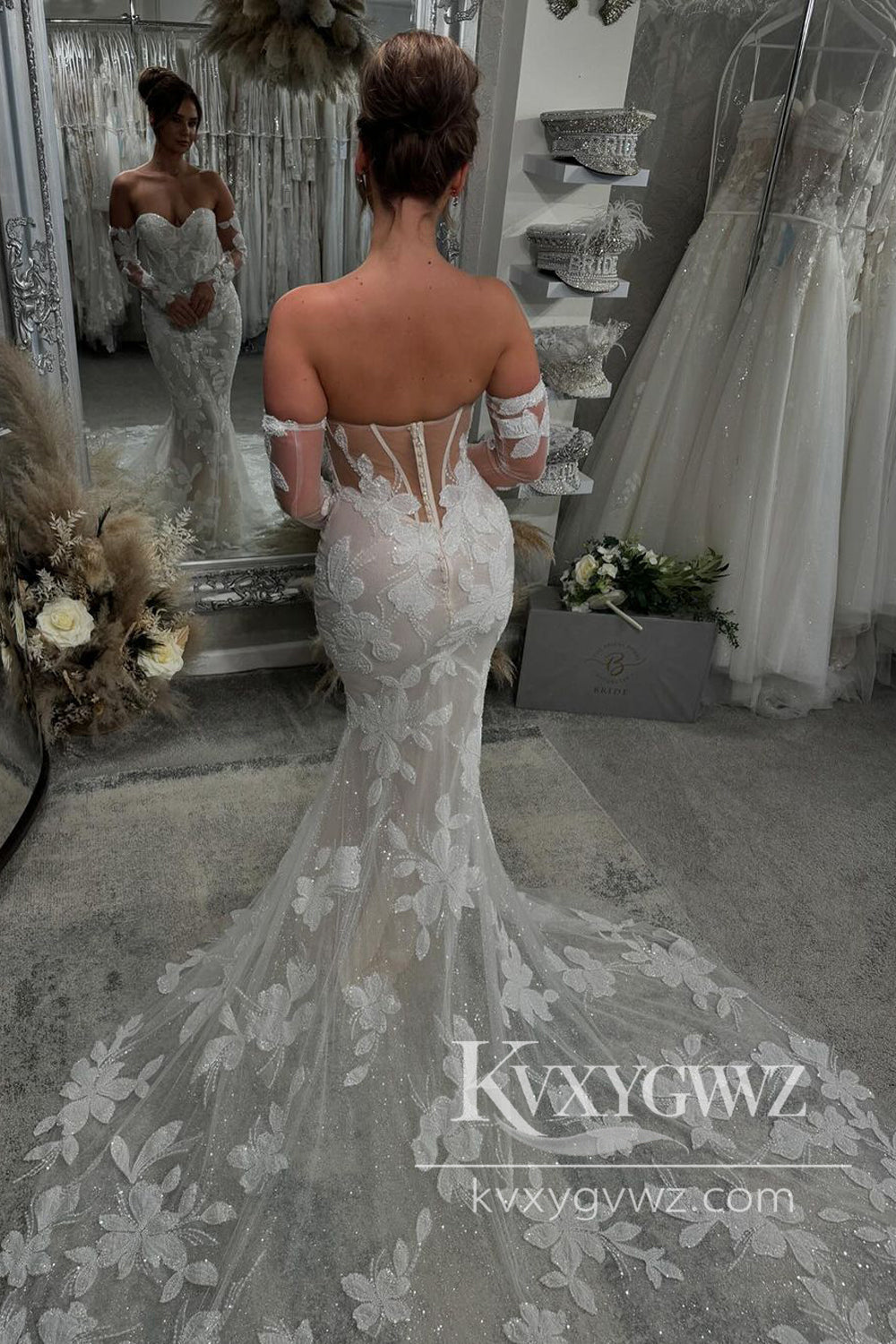 Pastoral Style Mermaid V Neck Lace Tulle Long Wedding Dresses Gown with Long Sleeves HS1002