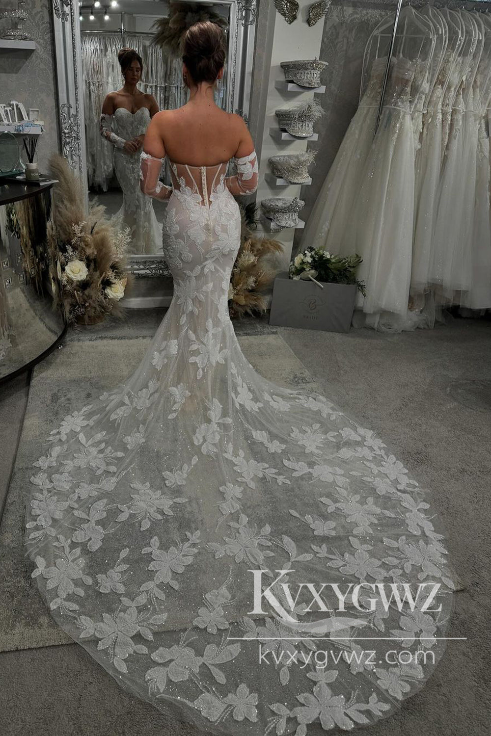 Pastoral Style Mermaid V Neck Lace Tulle Long Wedding Dresses Gown with Long Sleeves HS1002