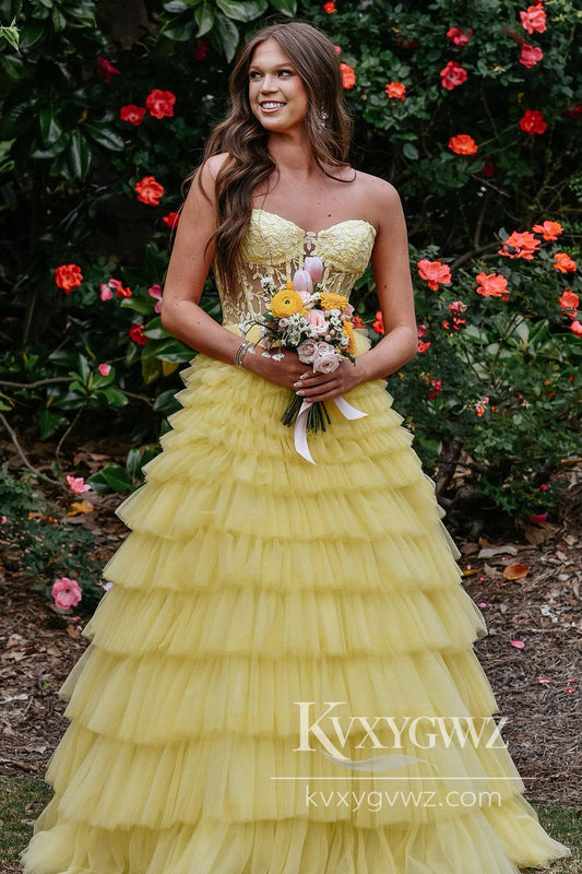 Sweet A Line Strapless Evening Gown Light Yellow Tiered Tulle Long Prom Dress with Slit LF1003