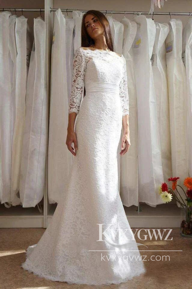 Mermaid Boat Neck Long Sleeve Lace Wedding Dresses Gown HS1003