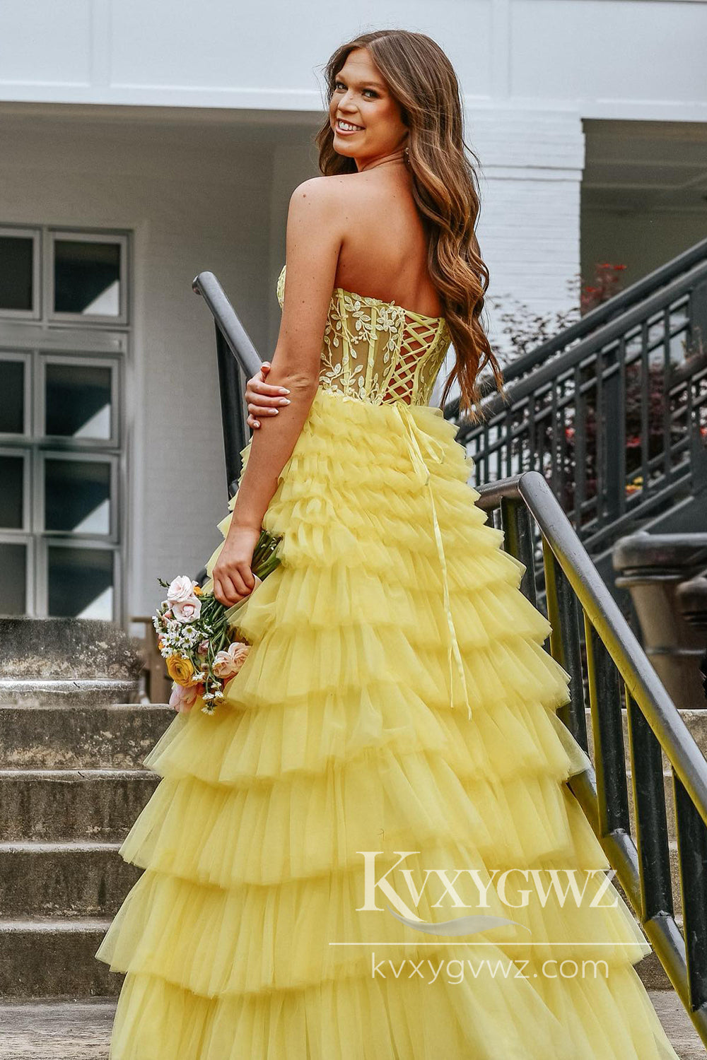 Sweet A Line Strapless Evening Gown Light Yellow Tiered Tulle Long Prom Dress with Slit LF1003