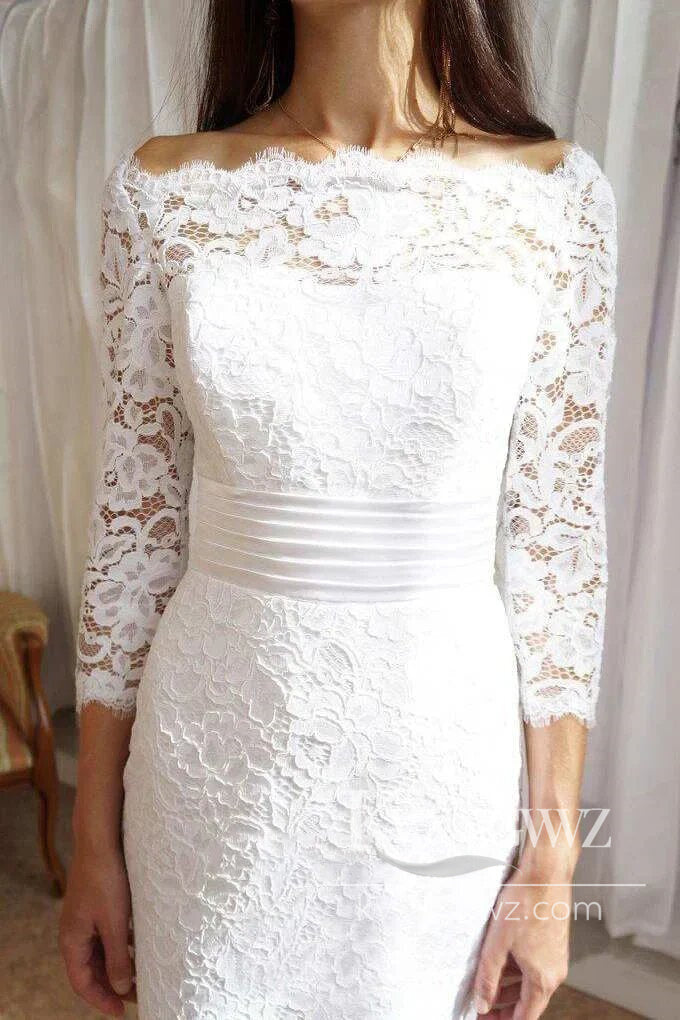 Mermaid Boat Neck Long Sleeve Lace Wedding Dresses Gown HS1003