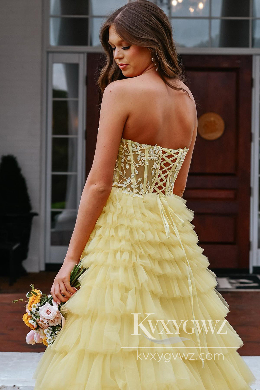 Sweet A Line Strapless Evening Gown Light Yellow Tiered Tulle Long Prom Dress with Slit LF1003