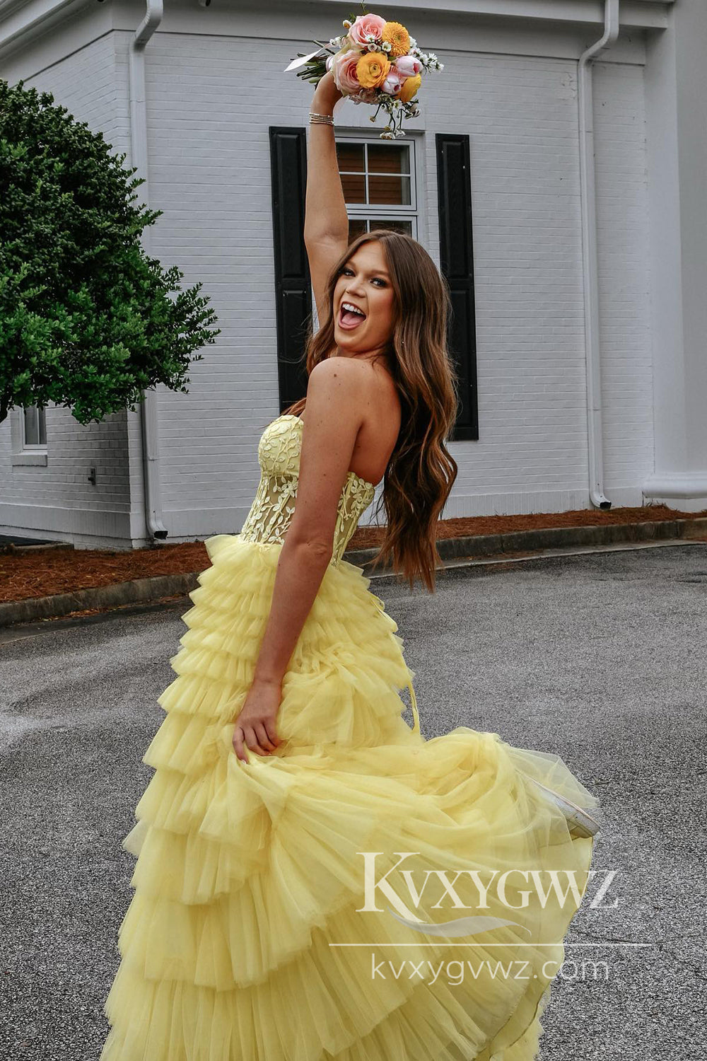 Sweet A Line Strapless Evening Gown Light Yellow Tiered Tulle Long Prom Dress with Slit LF1003