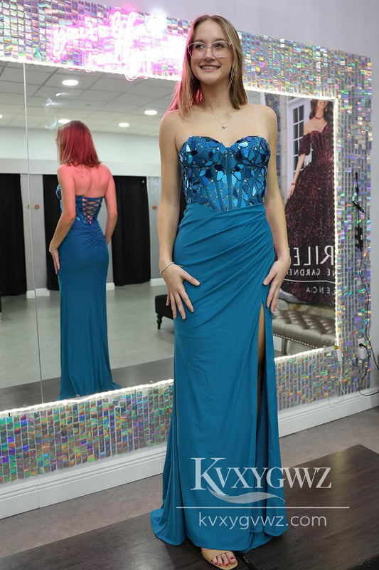 Glamorous Mermaid Sweetheart Evening Gown Satin Slit Prom Dress with Beading LF1005
