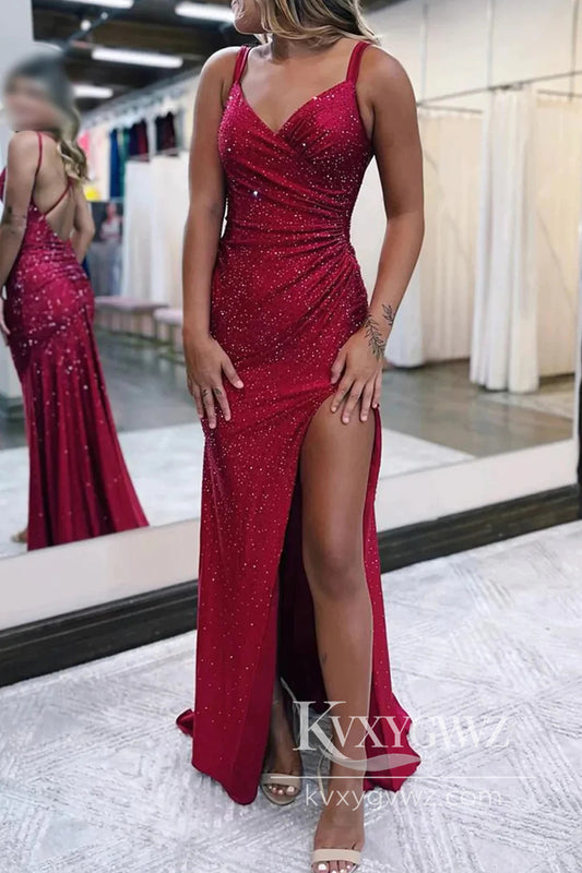 Conspicuous Dark Red Evening Gown V Neck Sequins Long Prom Dress with Slit LF1006