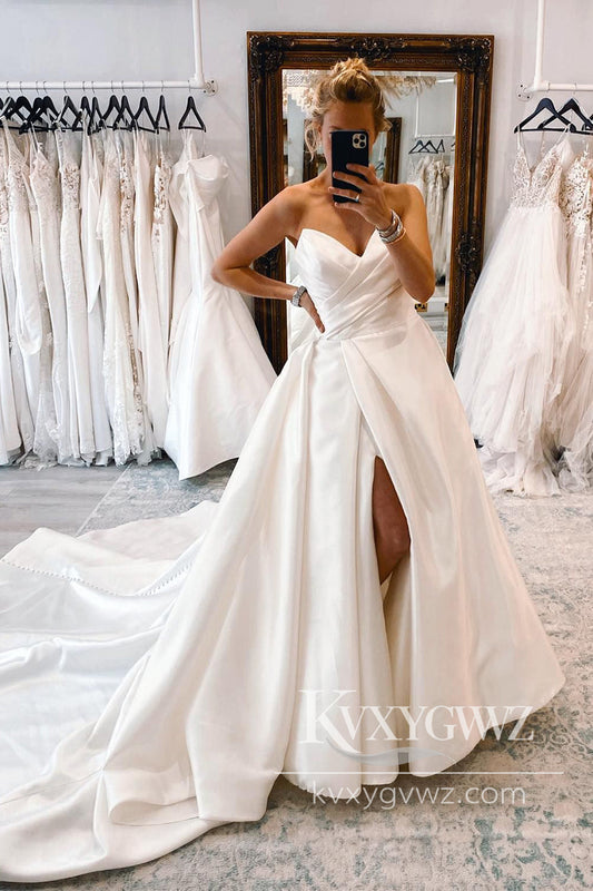 Ball Gown Sweetheart White Satin Long Wedding Dress with Slit HS1006