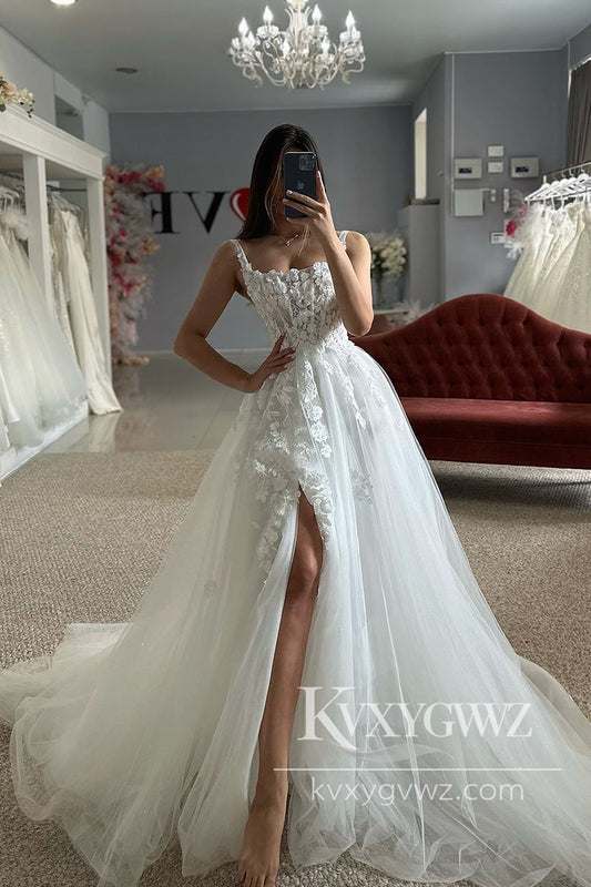 Fashion Square Neck Tulle Long Wedding Dresses Gown with Appliques HS1007