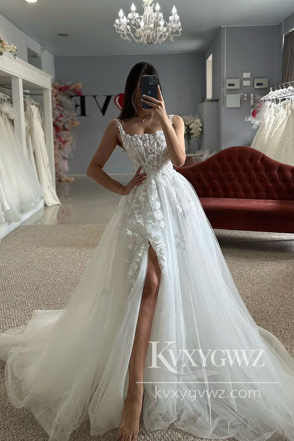Fashion Square Neck Tulle Long Wedding Dresses Gown with Appliques HS1007