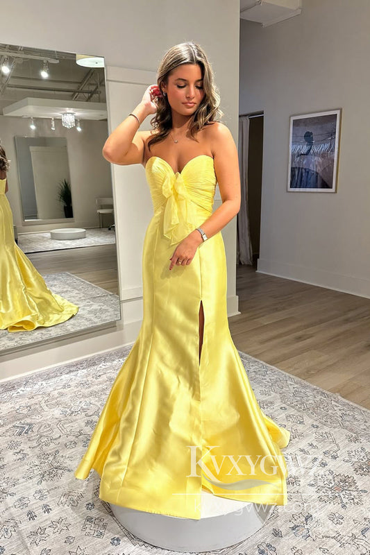 Stunning Mermaid Strapless Evening Gown Yellow Satin Slit Prom Dress with Bow LF1008