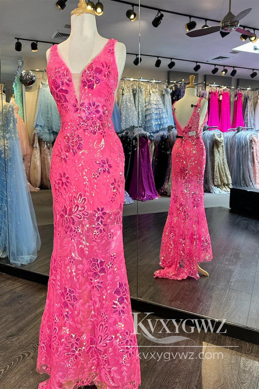 Pink Sequin Appliques Evening Gown Plunge V Mermaid Long Formal Prom Dress LF1009