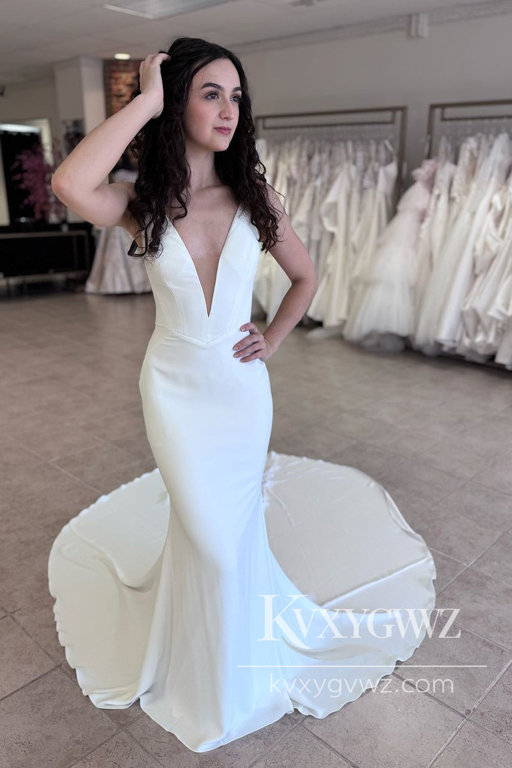 Chic Mermaid Deep V Neck Elastic Satin Long Wedding Dresses Gown HS1009