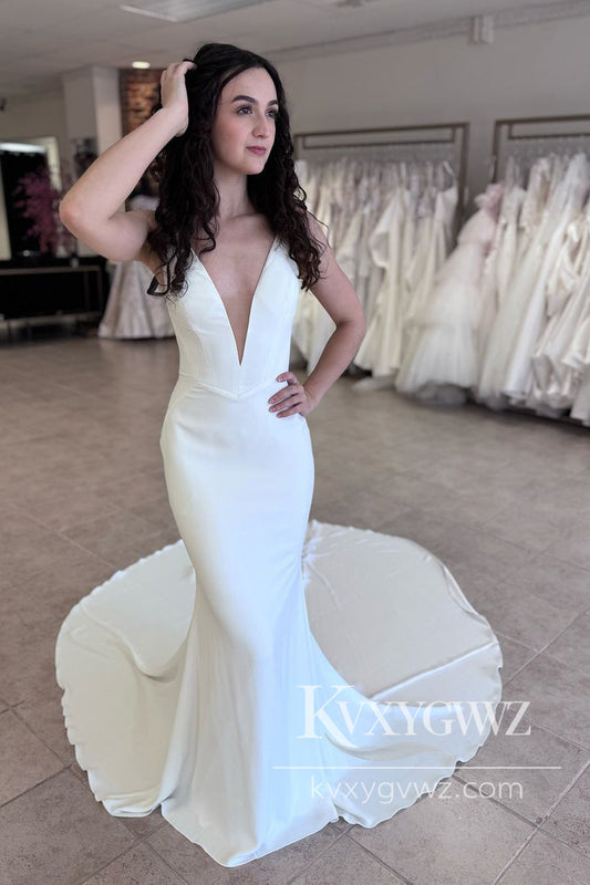 Chic Mermaid Deep V Neck Elastic Satin Long Wedding Dresses Gown HS1009