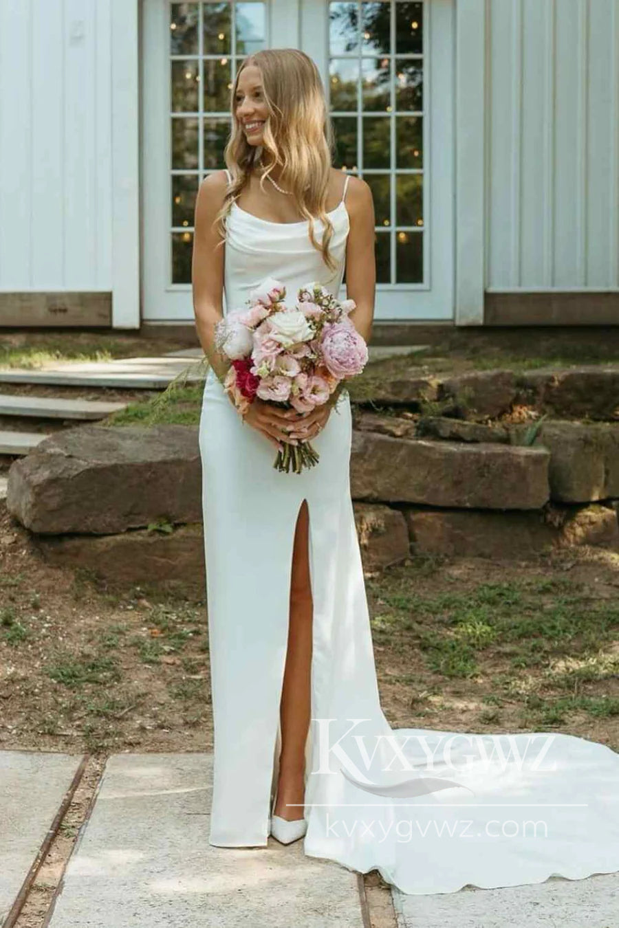 Simple Sheath Cowl Neck Silk Satin Long Wedding Dresses Gown with Slit HS1010