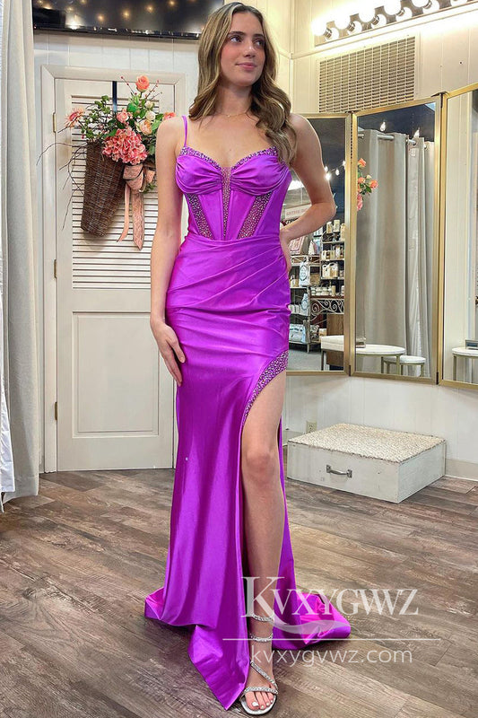 Purple Sweetheart Evening Gown Satin Mermaid Long Prom Dress with Slit LF1010