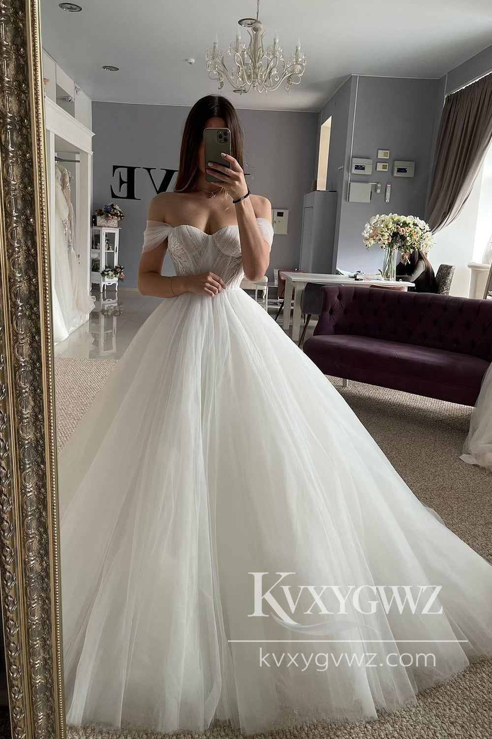 Fashion A Line Off the Shoulder Tulle Long Wedding Dresses Gown HS1011