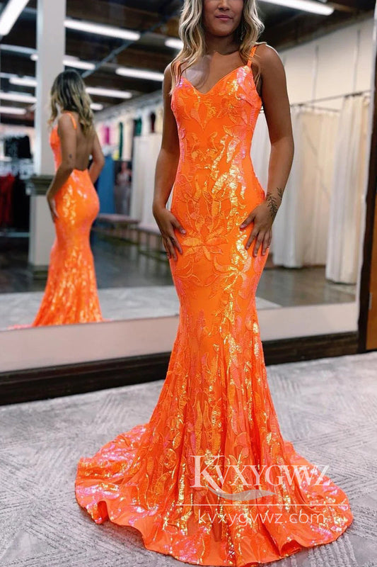 Conspicuous Mermaid Evening Gown V Neck Orange Sequins Long Prom Dress LF1012