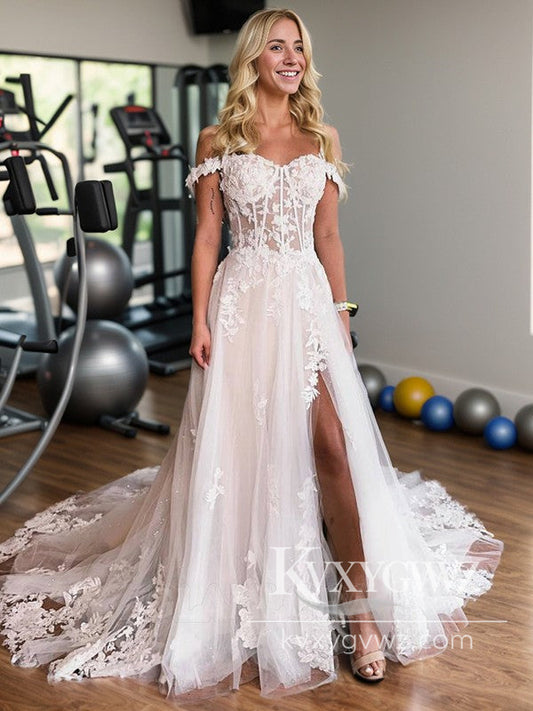 Pastoral Style A Line Off the Shoulder Tulle Long Wedding Dresses Gown with Appliques HS1012