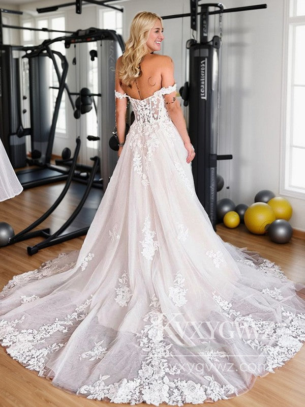 Pastoral Style A Line Off the Shoulder Tulle Long Wedding Dresses Gown with Appliques HS1012