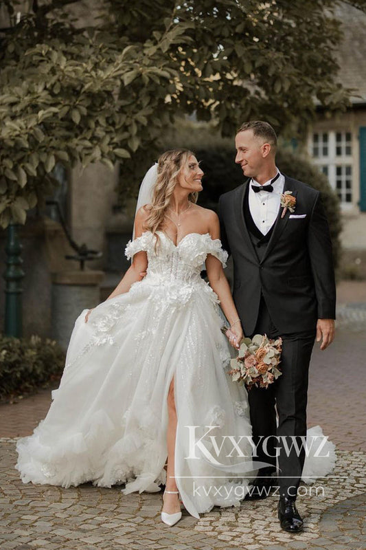 Ball Gown Off the Shoulder Lace Tulle Slit Wedding Dresses Gown with Appliques HS1013