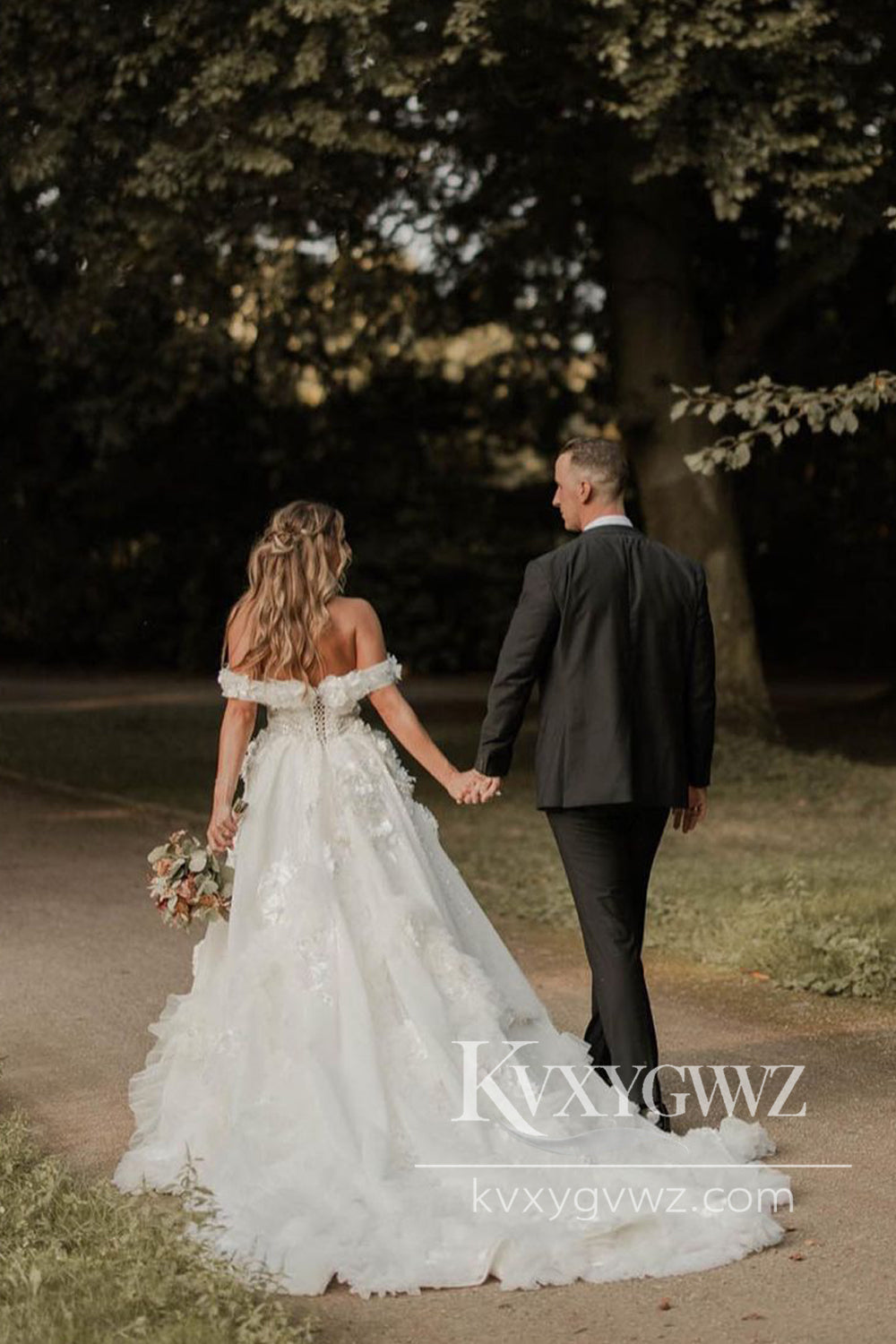Ball Gown Off the Shoulder Lace Tulle Slit Wedding Dresses Gown with Appliques HS1013