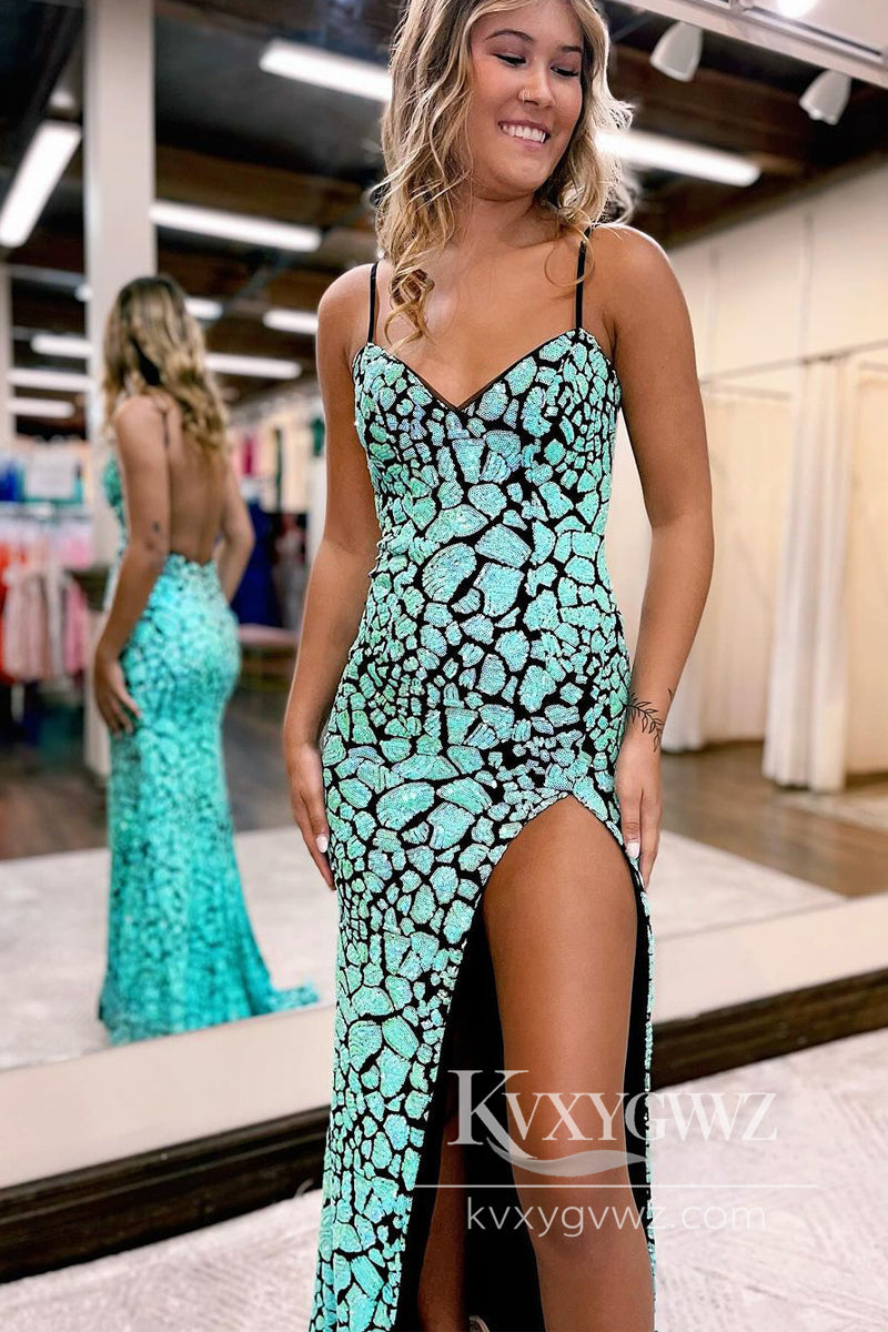 Stylish Hot Pink Evening Gown Spaghetti Straps Sequin Mermaid Prom Dress LF1014
