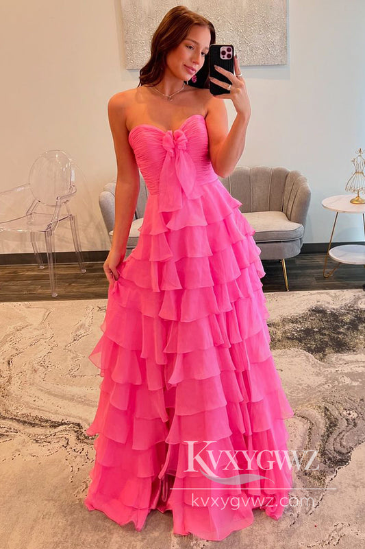 Stunning A Line Sweetheart Evening Gown Pink Chiffon Tiered Slit Prom Dress with Bow LF1015
