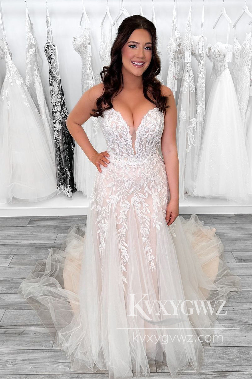Graceful A Line V Neck Sequins Lace Tulle Long Wedding Dresses Gown HS1015