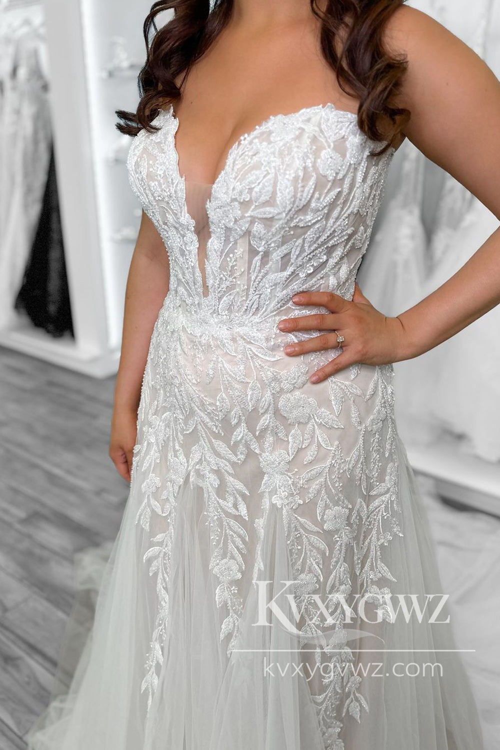 Graceful A Line V Neck Sequins Lace Tulle Long Wedding Dresses Gown HS1015