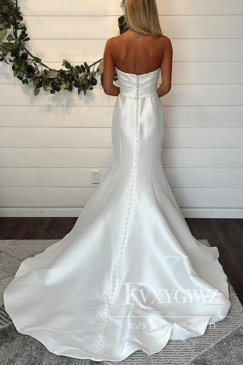 Mermaid Sweetheart Twill Satin Long Wedding Dresses Gown With Sweep Train HS1016
