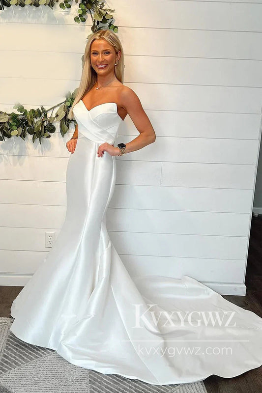 Mermaid Sweetheart Twill Satin Long Wedding Dresses Gown With Sweep Train HS1016