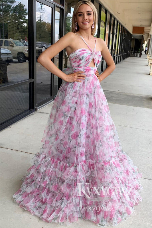 Pink Print Halter Evening Gown Keyhole A-Line Long Prom Dress LF1018