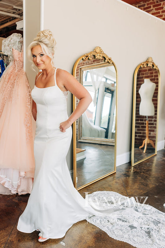 Graceful Mermaid Scoop Neck Elastic Satin Long Wedding Dresses Gown with Appliques HS1018