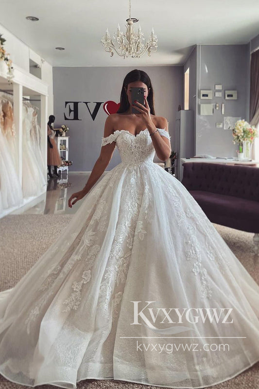 Dazzling Ball Gown Off the Shoulder Tulle Wedding Dresses Gown with Appliques HS1019