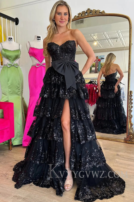 Sparkly Black Sweetheart Ruffled Bow Long Prom Dress with Slit LF102