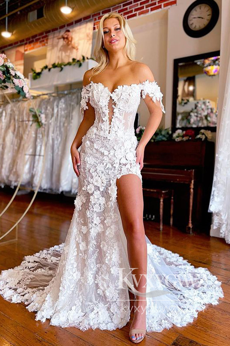 Dazzling Mermaid V Neck Cap Sleeves Lace Slit Wedding Dresses Gown with 3D Appliques HS1020