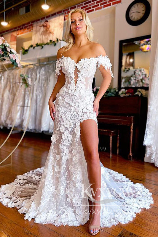 Dazzling Mermaid V Neck Cap Sleeves Lace Slit Wedding Dresses Gown with 3D Appliques HS1020