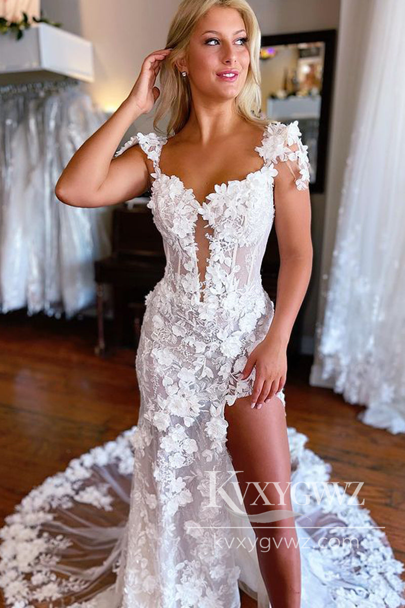Dazzling Mermaid V Neck Cap Sleeves Lace Slit Wedding Dresses Gown with 3D Appliques HS1020