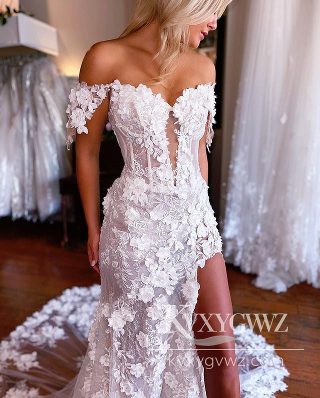 Dazzling Mermaid V Neck Cap Sleeves Lace Slit Wedding Dresses Gown with 3D Appliques HS1020