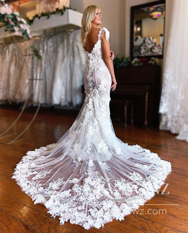 Dazzling Mermaid V Neck Cap Sleeves Lace Slit Wedding Dresses Gown with 3D Appliques HS1020