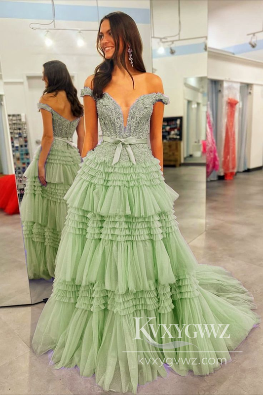 Sage Green Off the Shoulder Evening Gown Tulle Lace Prom Dress with Ruffles LF1021