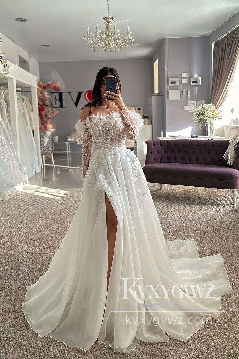 Dazzling Off the Shoulder Organza Slit Wedding Dresses Gown with Beading HS1021