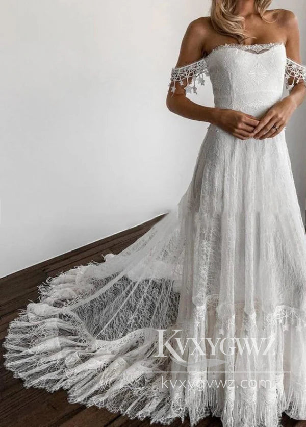 Boho Mermaid Off the Shoulder Lace Beach Wedding Dresses Gown HS1022