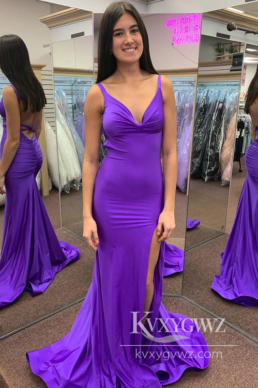 Glamorous Mermaid V Neck Prom Dress Purple Satin Slit Evening Party Gown  LF1022