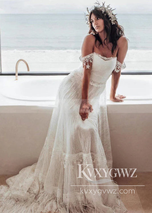 Boho Mermaid Off the Shoulder Lace Beach Wedding Dresses Gown HS1022
