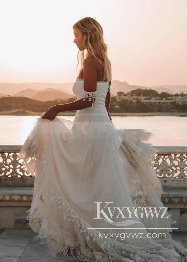 Boho Mermaid Off the Shoulder Lace Beach Wedding Dresses Gown HS1022